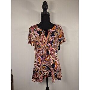 Tacera Women's Blouse Size S Orange Paisley Floral Shark Bite Hem Short Sleeve